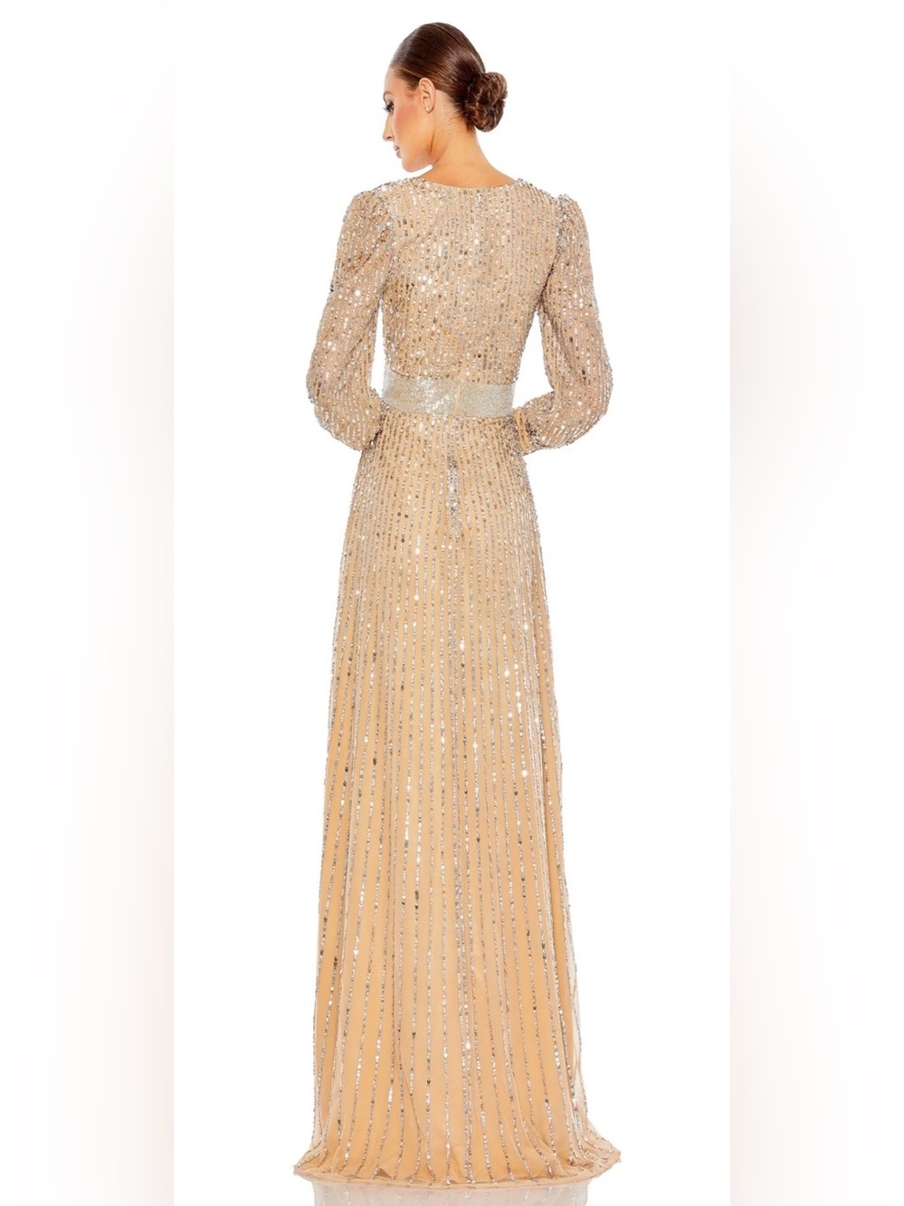 Mac Duggal Sequin Embellished With Cuff Sleeves Gown Vanilla/Silver #5720 - Picture 8 of 11